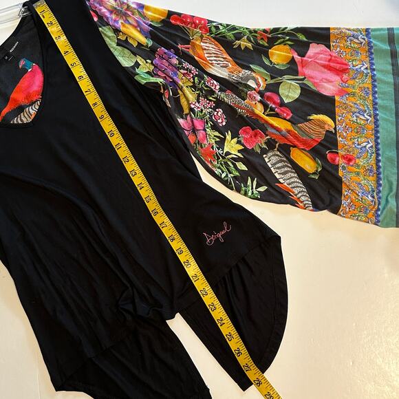 Desigual Eltsa Statement Sleeve Top Womens Medium Black Floral Birds Boho - Picture 10 of 10